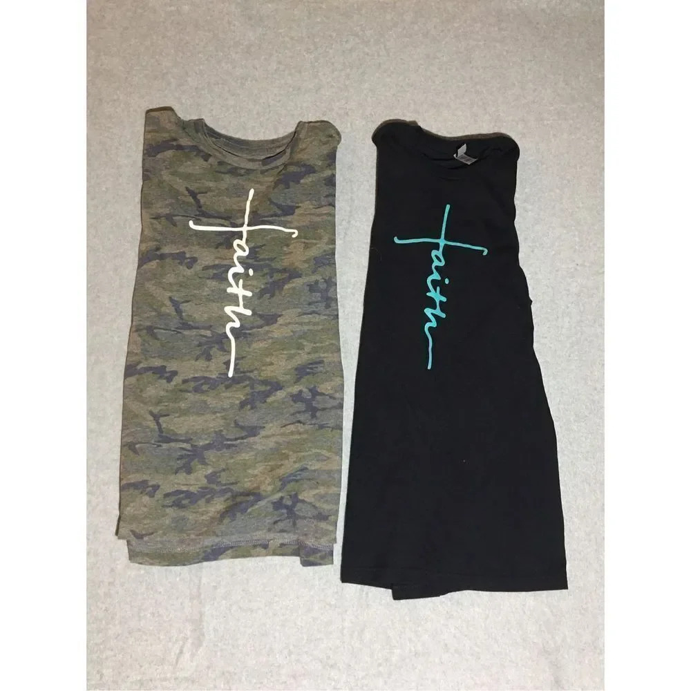 Lot of 2 Womens Faith Shirts Size Medium Casual Cute Christian Camo Black